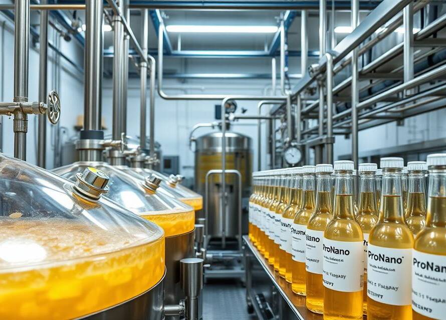 Vinegar production facility with bottles and processing equipment. 
